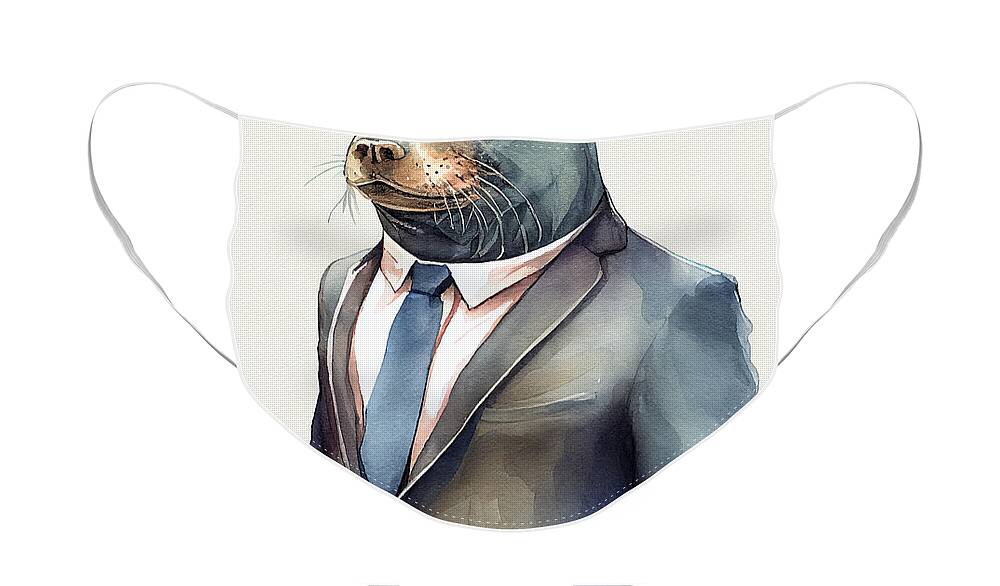 Seal in Suit Watercolor Hipster Animal Retro Costume Painting by