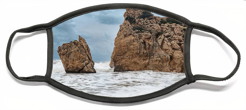 Coastline Face Mask featuring the photograph Seascapes with windy waves. Rock of Aphrodite Paphos Cyprus by Michalakis Ppalis