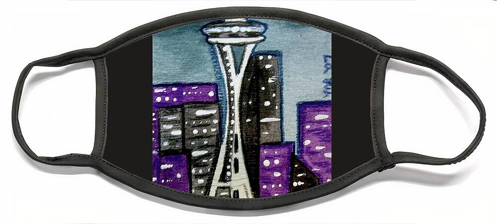 Space Needle Face Mask featuring the painting Seattle Space Needle Cityscape by Monica Resinger