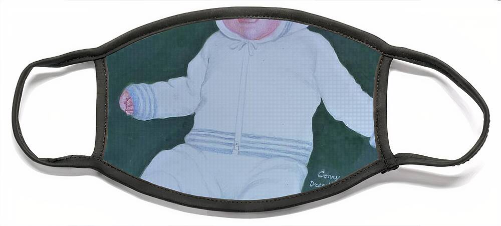Green. White Face Mask featuring the mixed media Seriously Miffed Infant by Constance DRESCHER