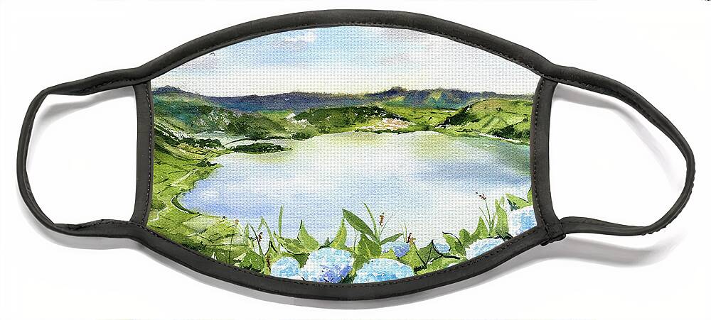Sete Cidades Face Mask featuring the painting Sete Cidades in Azores Sao Miguel Painting by Dora Hathazi Mendes