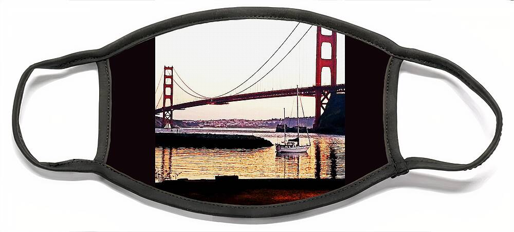Golden Gate Bridge Face Mask featuring the painting SF Fog Meets October Sunset by Artist Linda Marie