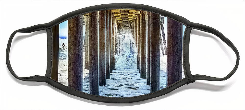 Surf Face Mask featuring the photograph SHOOTING THE PIER Huntington Beach, California by Don Schimmel