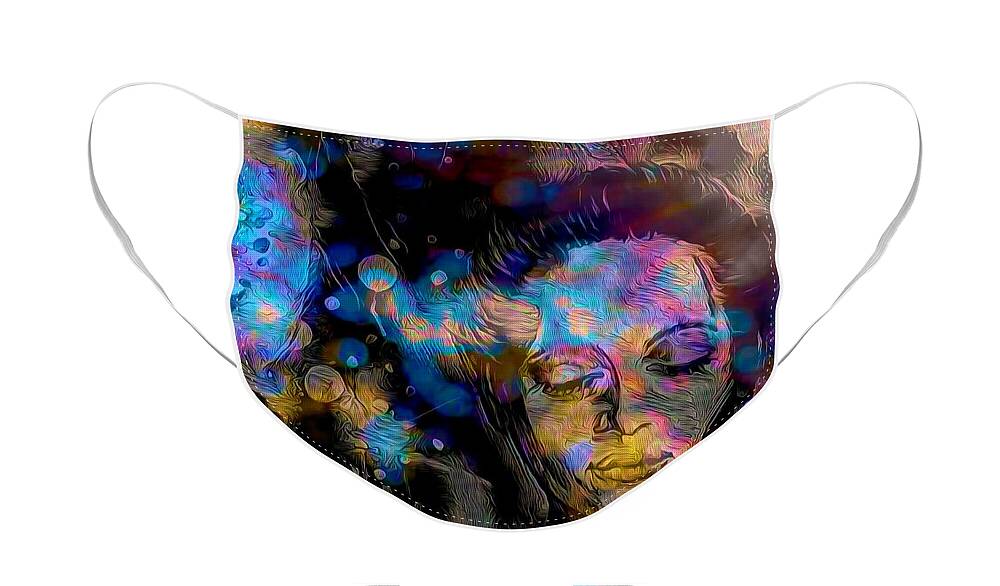 Fantasy Face Mask featuring the mixed media Shy Woman Illuminated With Fairy Lights by Joan Stratton