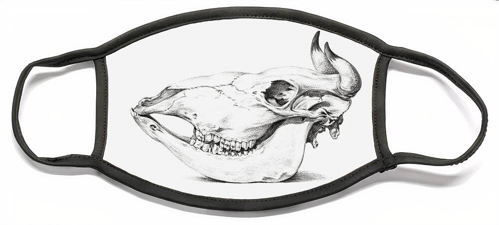 Skull Face Mask featuring the drawing Skull cattle horns vintage art old 1900 century hand painted illustration, skull by Mounir Khalfouf