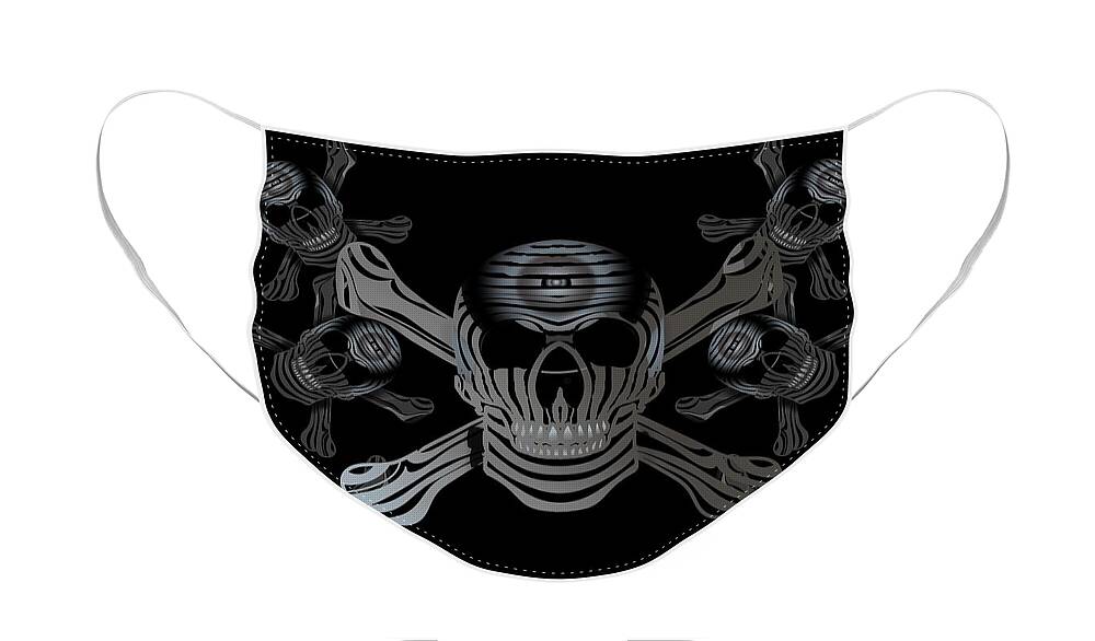 Skull And Crossbones Face Mask featuring the digital art Skull Crossbones Smile Silver On Black by Joan Stratton