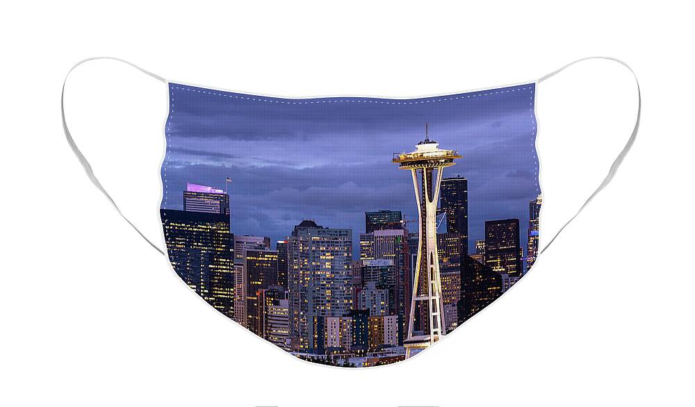 Seattle Face Mask featuring the photograph Skyline Aglow by Erin Marie Davis