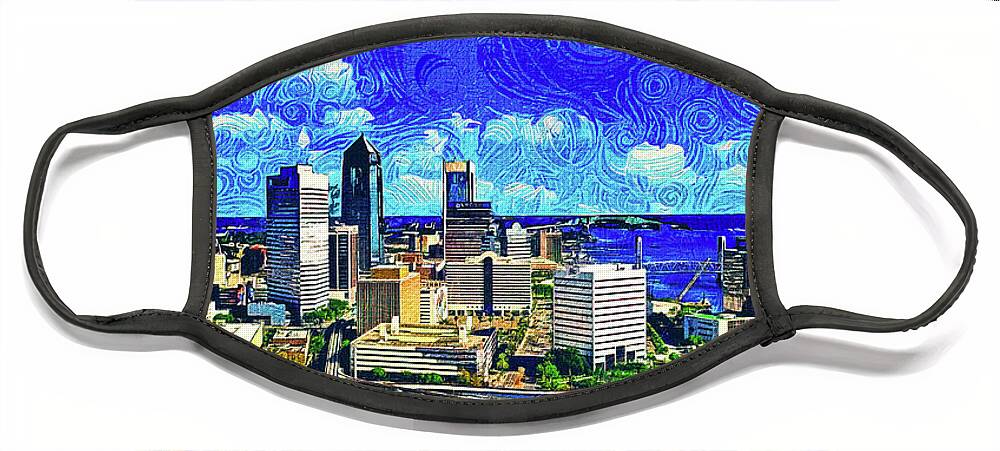 Downtown Jacksonville Face Mask featuring the digital art Skyline of downtown Jacksonville, Florida - impressionist painting by Nicko Prints