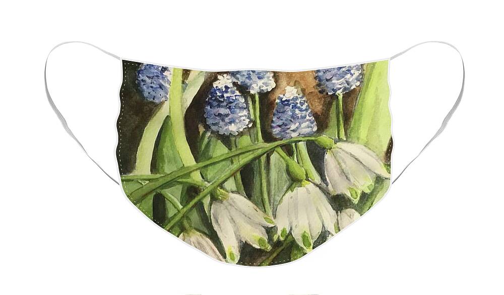 Spring Face Mask featuring the painting Snow bells and blue bells by Sonia Mocnik