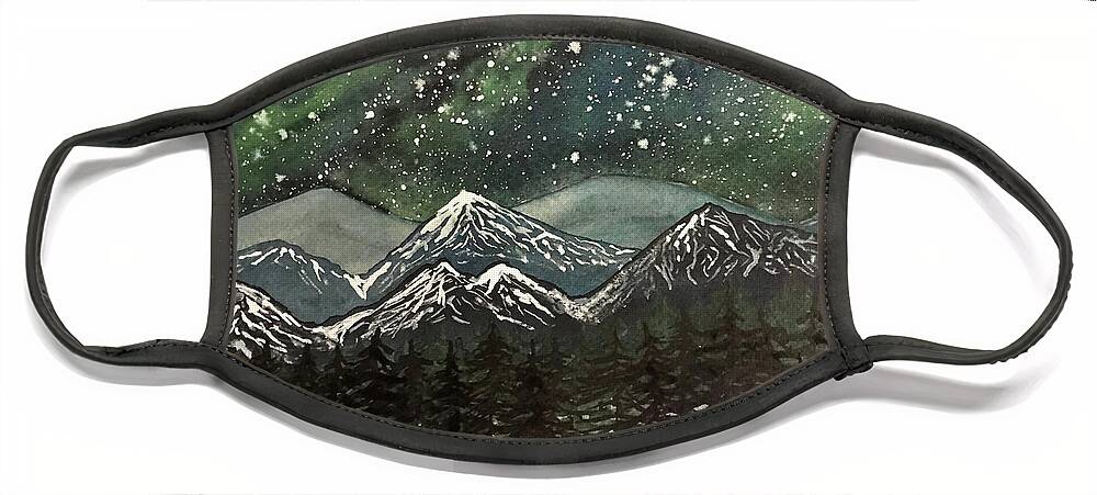 Snowy Mountains Face Mask featuring the painting Snowy Mountains with Aurora by Lisa Neuman