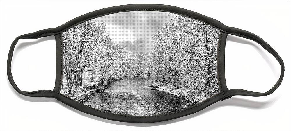 Bird Face Mask featuring the photograph Snowy Trees along the River Black and White by Debra and Dave Vanderlaan