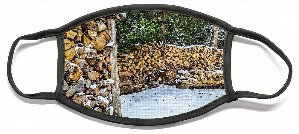 Fall Face Mask featuring the photograph Snowy Woodpile DSC_0904 by Michael Thomas