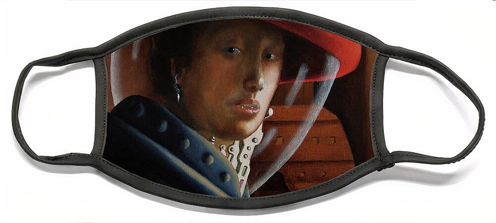 Astronaut Face Mask featuring the painting Spacegirl with Red Helmet - after Vermeer by Ken Kvamme