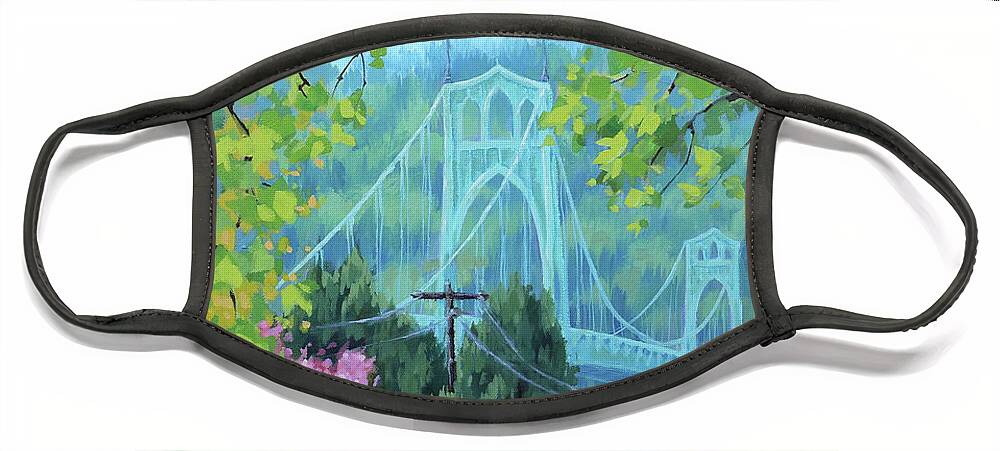 Portland Face Mask featuring the painting Spring Bridge by Karen Ilari