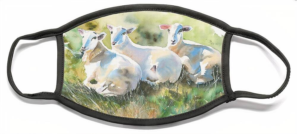 Animal. Lambs Face Mask featuring the painting Spring Greetings by Hiroko Stumpf