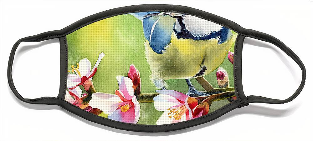 Blue Tit Face Mask featuring the painting Spring Twittering by Espero Art
