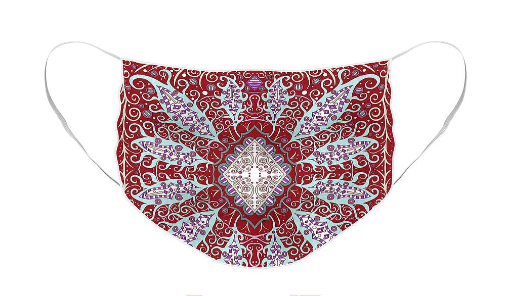 Oriental Carpet Red Face Mask featuring the mixed media Square Textured Ornate Modern Design with Turquoise and Tan Shapes with a Claret Red Background by Lise Winne