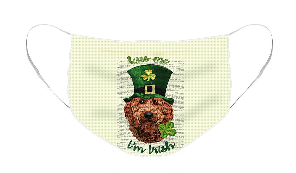 Irish Doodle Face Mask featuring the digital art St Patricks Day Irish Doodle dog, Kiss me I'm Irish by Madame Memento