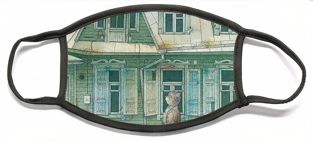 Cat Night Blue City Oldtown Fairytale Mystery Street Face Mask featuring the drawing Star Bird 02 by Kestutis Kasparavicius