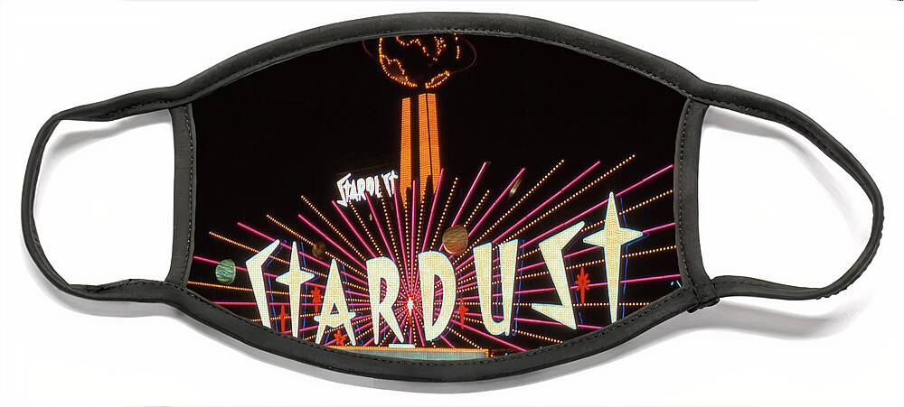 Stardust Casino Face Mask featuring the photograph Stardust Casino Facade Entrance at Night 1972 by Aloha Art