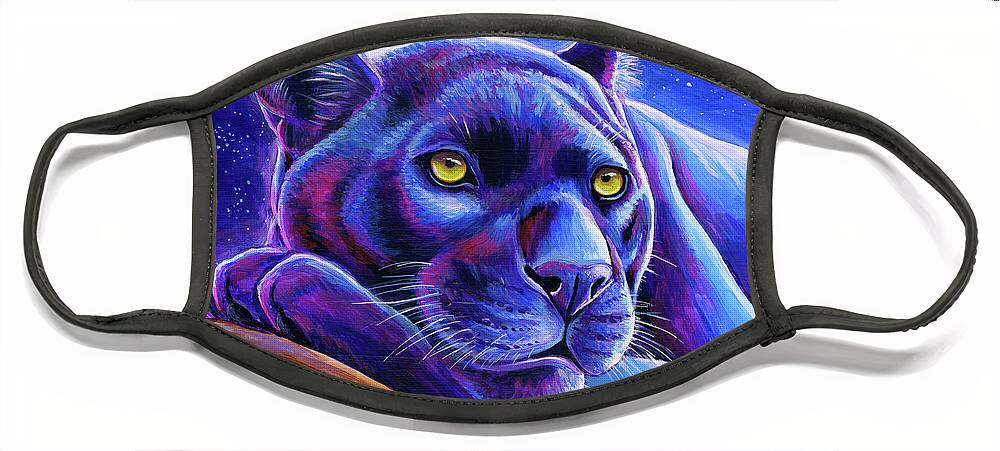 Black Leopard Face Mask featuring the painting Stargazing - Colorful Black Leopard by Rebecca Wang