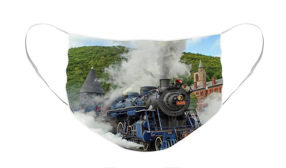 Jim Thorpe Face Mask featuring the photograph Steam Train in Jim Thorpe by Desha Online