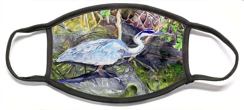 Blue Heron Face Mask featuring the painting Still Water by Barbara F Johnson