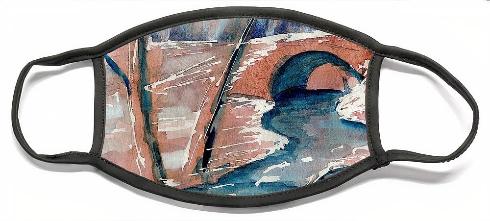 Semicircle Face Mask featuring the painting StoneArch Bridge in Stillwater by Tammy Nara