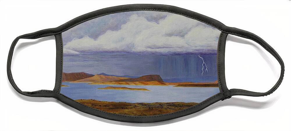 Kim Mcclinton Face Mask featuring the painting Storm at Lake Powell- center panel of three by Kim McClinton