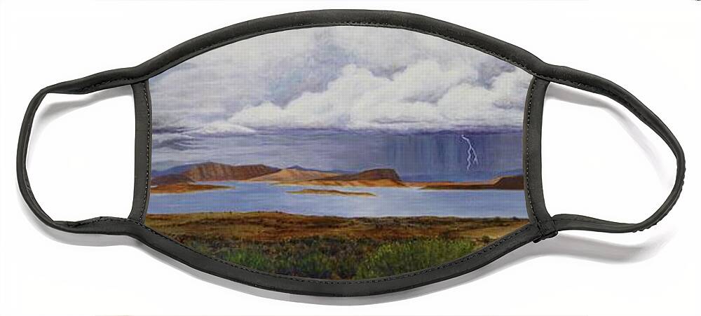 Kim Mcclinton Face Mask featuring the painting Storm at Lake Powell- panorama by Kim McClinton