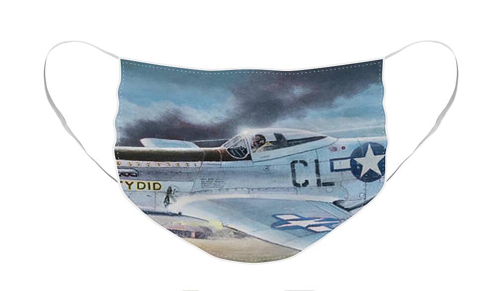 Aviation Face Mask featuring the painting Strafing Mustang by Douglas Castleman
