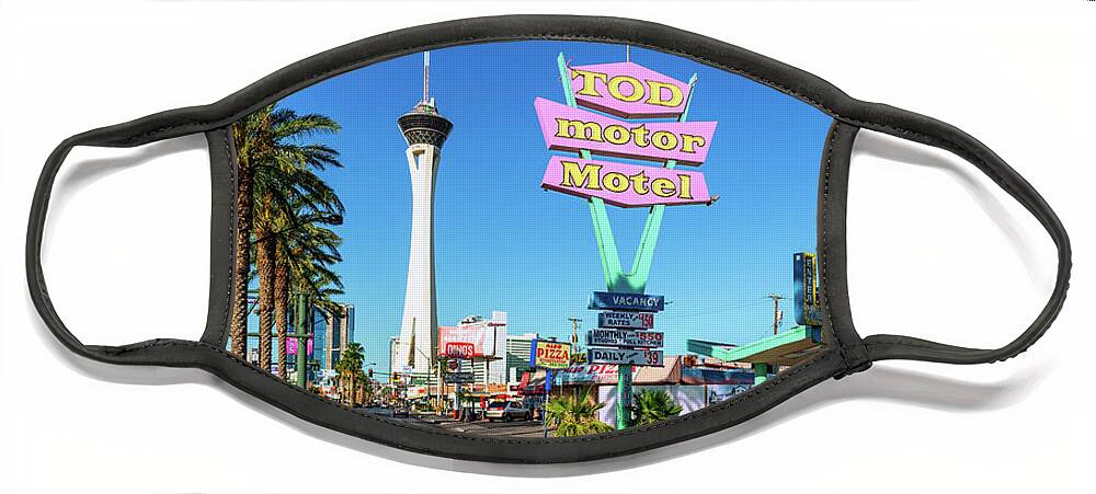The Stratosphere Casino Face Mask featuring the photograph Stratosphere Hotel and Casino and the Tod Motor Motel 2 to 1 Ratio by Aloha Art