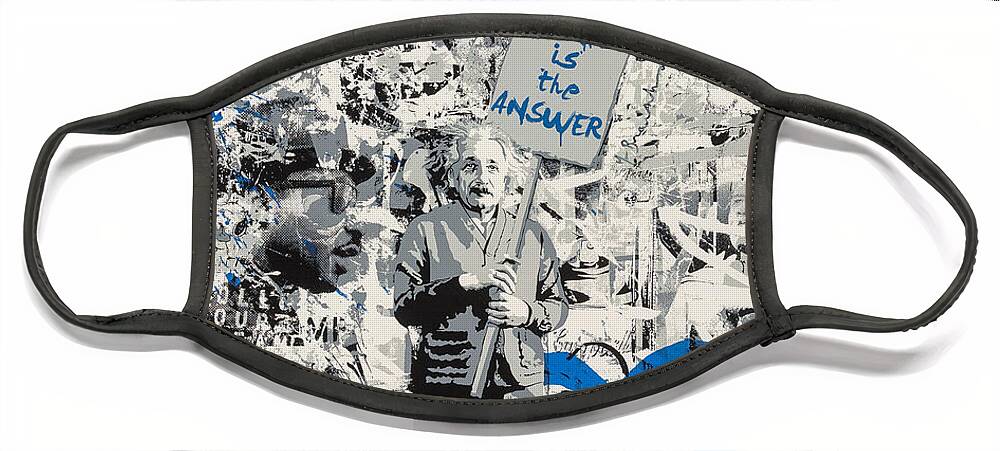 Collage Face Mask featuring the mixed media Street Art Mashup - Love is the Answer Einstein by My Banksy