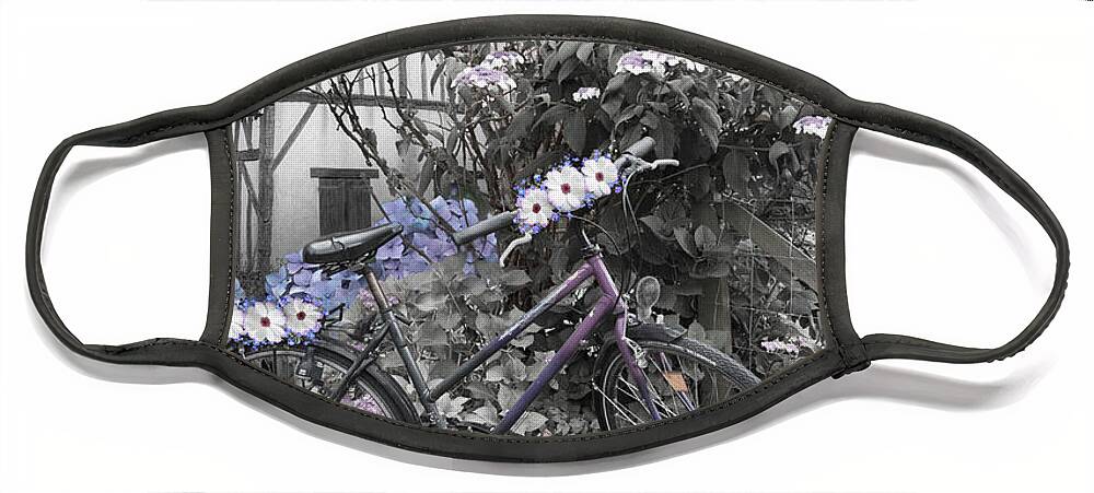 Austria Face Mask featuring the photograph Summer Cycling in Flowers Black and White and Blues by Debra and Dave Vanderlaan