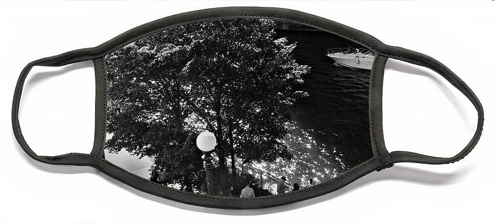 Urban Landscape Face Mask featuring the photograph Summer Days on the Chicago River - Black and White by Frank J Casella