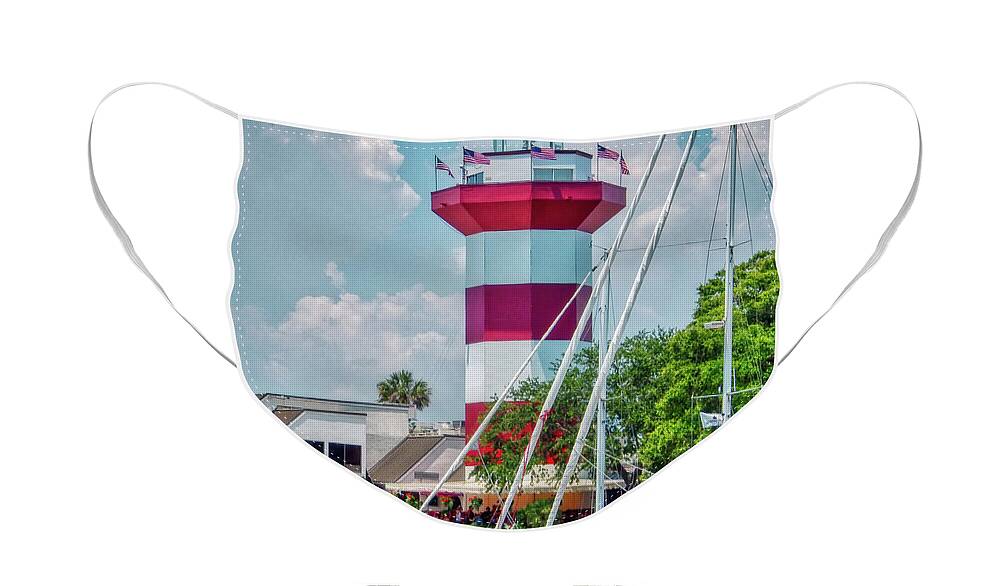 Harbour Town Lighthouse Face Mask featuring the photograph Summertime Harbour Town Lighthouse by Amy Dundon