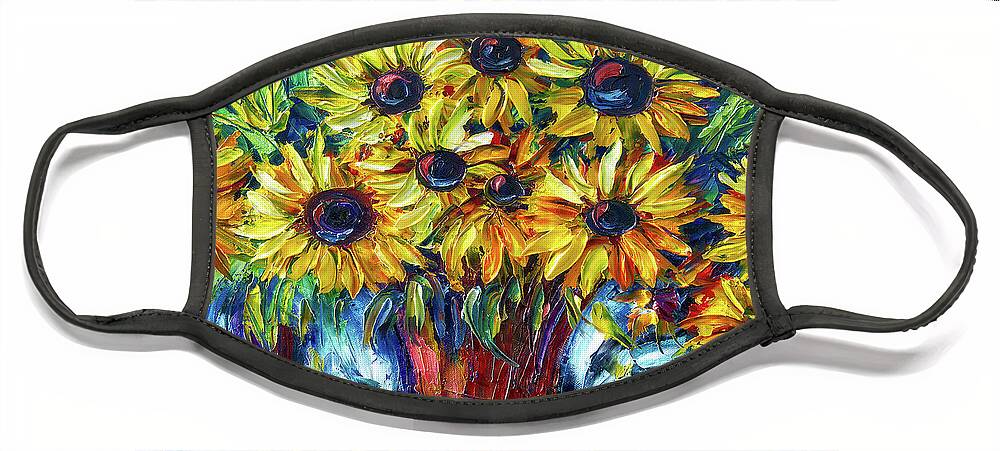 Olena Art Face Mask featuring the painting Sunflowers In A Vase Palette Knife Painting by OLena Art