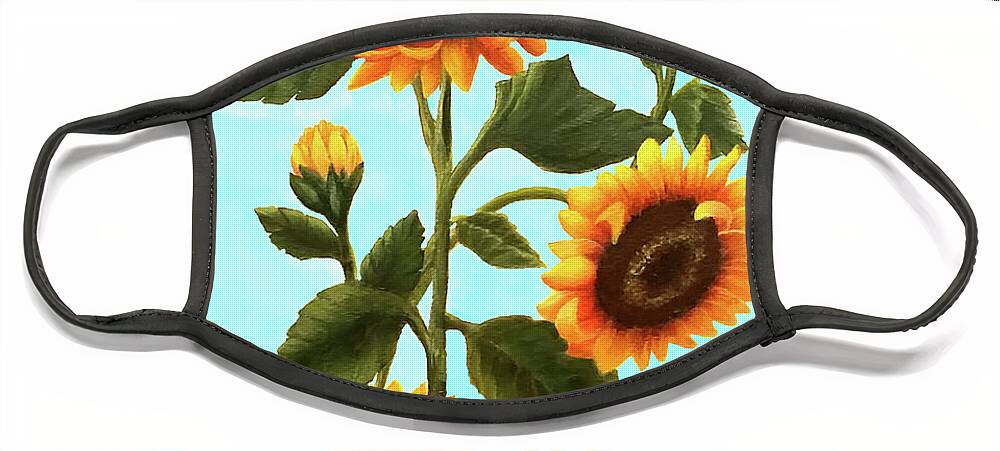 Portrait Face Mask featuring the painting Sunflowers on Blue by Sarah Irland