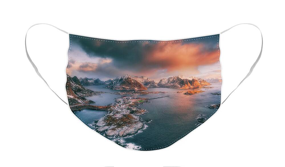 Lofoten Face Mask featuring the photograph Sunrise at Reine #3 by Henry w Liu