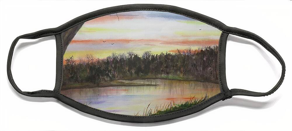 Sunrise Face Mask featuring the painting Sunrise at the Pond by Joseph Burger