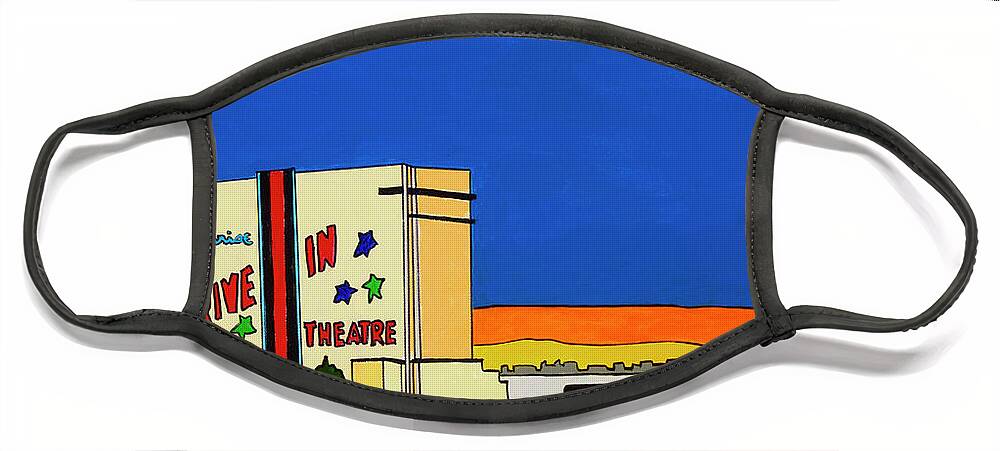 Sunrise Drive-in Valley Stream Movies Face Mask featuring the painting Sunrise Drive In by Mike Stanko