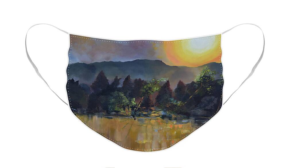 Lake Face Mask featuring the painting Sunrise on a Misty Lake - Cherokee Lake - Tennessee by Jan Dappen