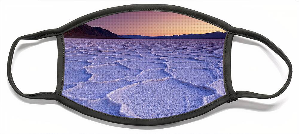 Death Valley National Park Face Mask featuring the photograph Sunset at Badwater Basin salt pans, Death Valley, California, USA by Neale And Judith Clark