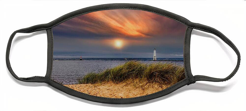 Northernmichigan Face Mask featuring the photograph Sunset at Betsie Harbor Entrance IMG_3653 by Michael Thomas