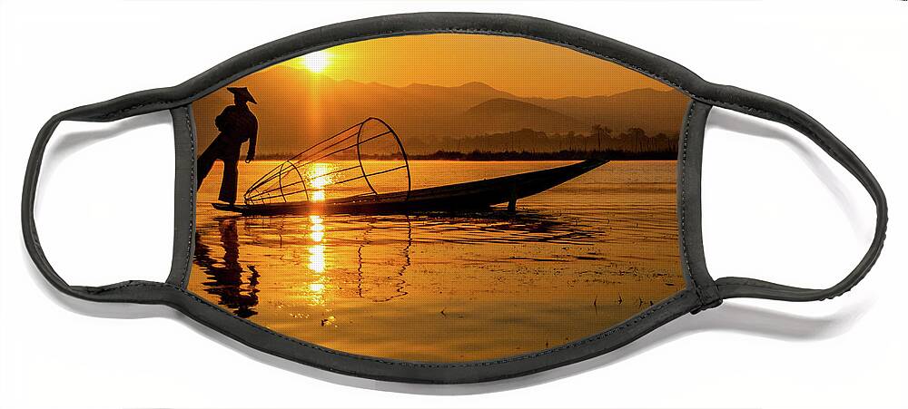 Inlelake Face Mask featuring the photograph Sunset at Inle Lake by Arj Munoz