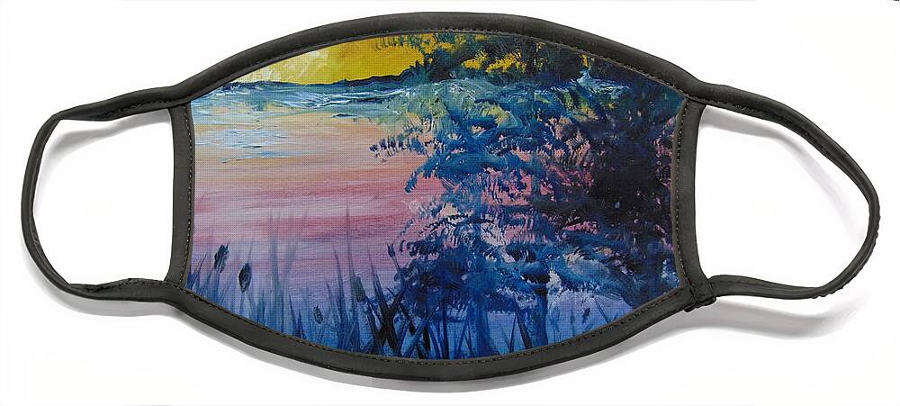 Lake Face Mask featuring the painting Sunset on the Lake by Saundra Johnson