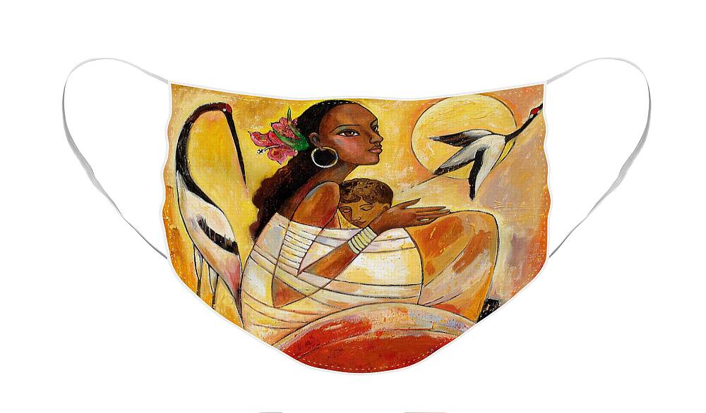 Mother And Child Face Mask featuring the painting Sunshine Mother and Child by Shijun Munns