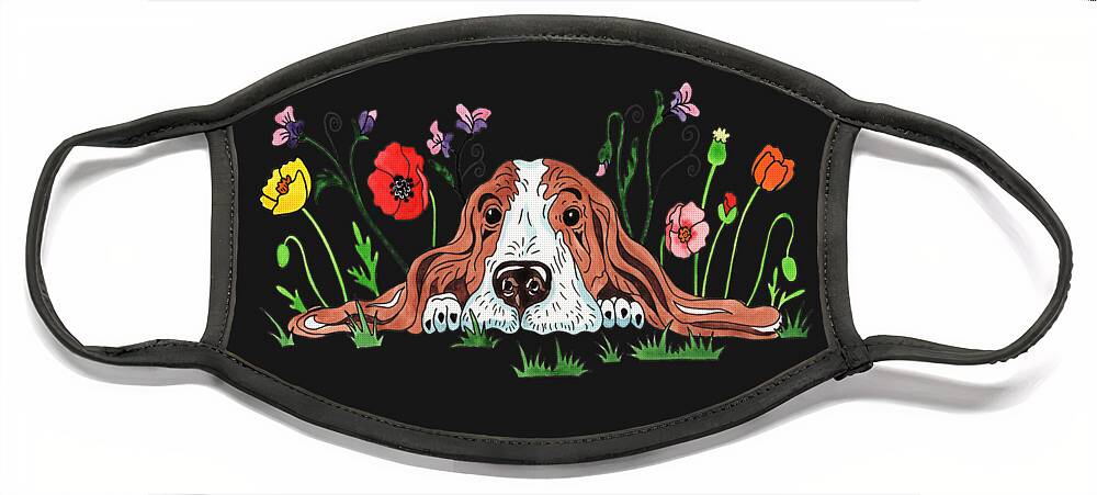 Sweet Face Mask featuring the painting Super Cute Adorable Watercolor Basset Puppy Dog Lying In The Flowers by Irina Sztukowski