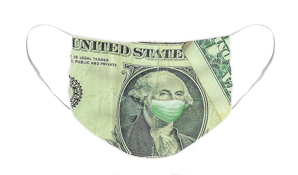 Mask Face Mask featuring the photograph Surgical mask on George Washington one American dollar by Benny Marty