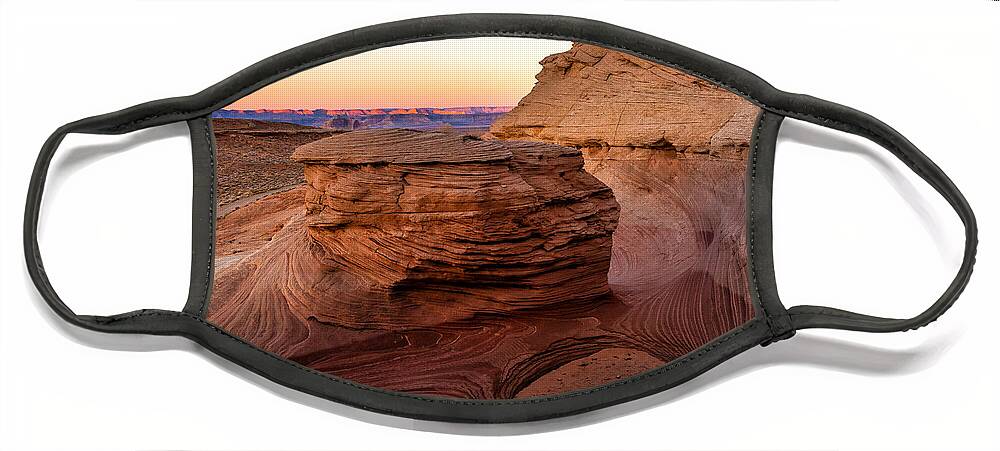 Sandstone Face Mask featuring the photograph Swirly Rock Sunset by Bradley Morris